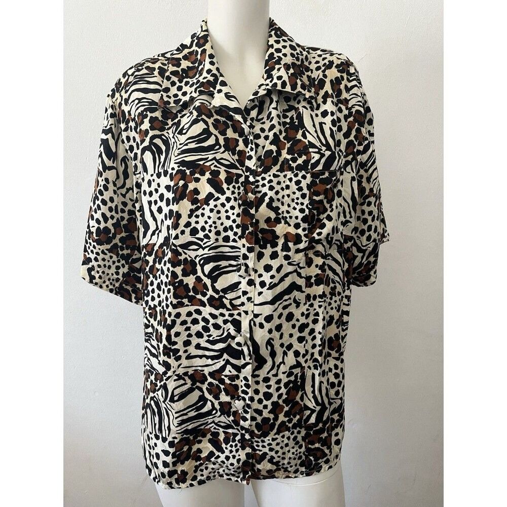 Vintage 80s Adrianna Papell Silk top blouse12 Leopard Animal Print Button Down